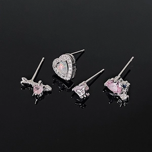 Sparkly silver heart stud earring set with pink zircon and opal stones for women