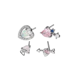 Luxury heart earring set for women featuring pink zircon crystals and silver studs