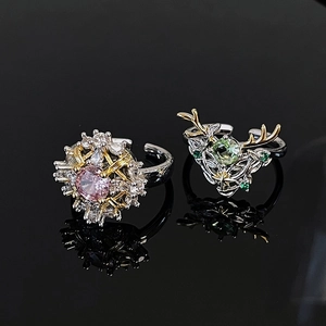 Anello Aperto Regolabile in Rame di Lusso Donna Cuore Rosa Fiocco di Neve Zircone Verde Corna Natale Gioielli di Moda Regalo