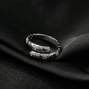 Makroaufnahme von Schlangenring aus Silber mit Zirkon-Steinen und feiner Textur