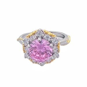 Anillo de flor de circón rosa de lujo francés con microincrustaciones de pavé para mujer