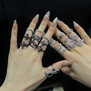 Y2K Gothic Kupfer Zirkon Einstellbar Offen Ring Schleife Herz Kreuz Stern Design Modeschmuck Für Damen Täglich Party