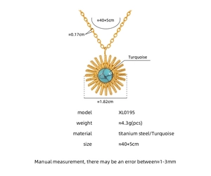 Detail view of titanium steel sunflower necklace with turquoise stone and dimensions