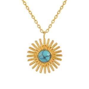 Golden sunburst pendant necklace featuring a round turquoise stone on a minimalist chain