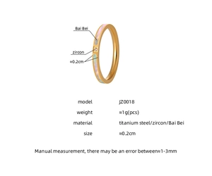 Detail van de slanke gouden titaniumstalen ring met zirkoon en kleurrijke schelp inlay
