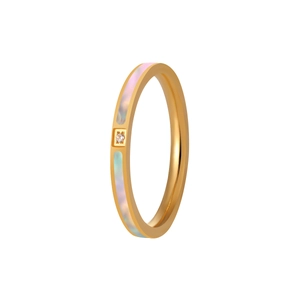 Minimalistische goudkleurige titaniumstalen ring met parelmoer inlay en één zirkoon