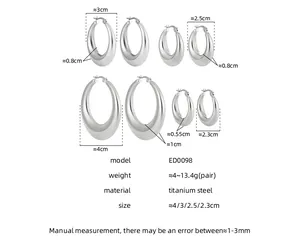 Size chart for gold titanium steel hoop earrings showing four distinct height dimensions