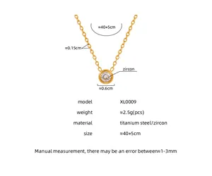 Size chart showing dimensions for a gold titanium steel necklace with zircon pendant
