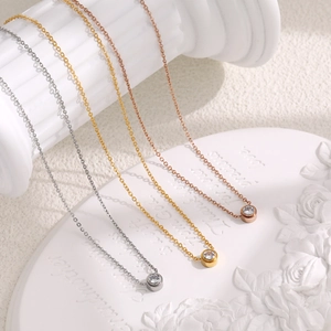 Minimalist PVD plated zircon solitaire pendant necklaces in gold, silver and rose gold finishes