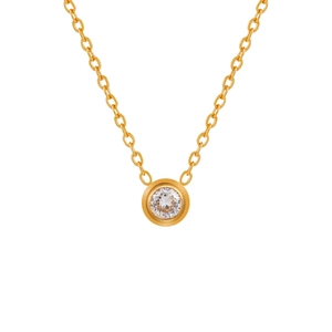 Minimalist gold PVD plated titanium steel necklace with a round bezel-set zircon pendant