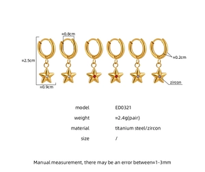 Detailed size measurement of 24K gold plated star earrings with colored zircon stones