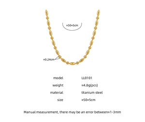 Close-up of titanium steel gold beaded chain with oval links measuring 50 plus 5cm length