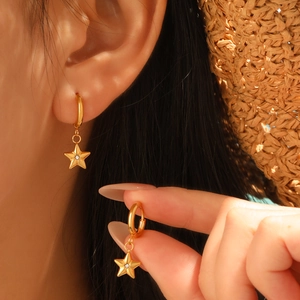 Fashion Stainless Steel Pentagram Star Dangle Earrings Colorful Zirconia Inlaid 24K Gold Plated Hoop Earrings For Women Jewelry