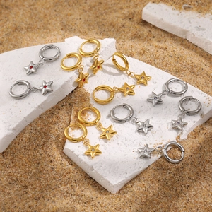 24K gold plated stainless steel hoop earrings with colorful star zircon pendants