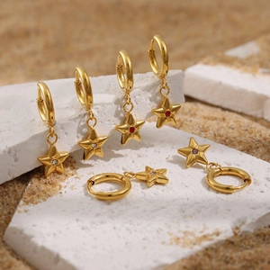 24K gold plated stainless steel hoop earrings with colorful zircon star pendants