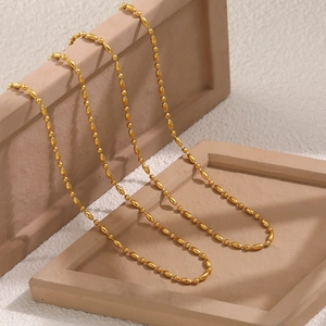 Minimalist gold-plated stainless steel bead chain necklace with oval and round links