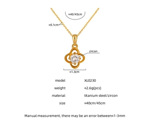 Detailed technical view of titanium steel clover necklace with zircon size and weight specs