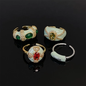 Vintage Copper Mint Green Enamel Open Ring Retro Zirconia Heavy Industry Adjustable Finger Ring For Women Jewelry