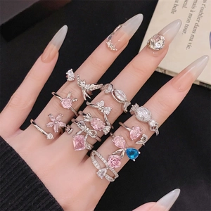 Eleganter Kupfer Zirkonia Blume Schleife Herz Offener Ring Für Damen Rosa Blau Weißer Stein Verstellbarer Fingerring Schmuck