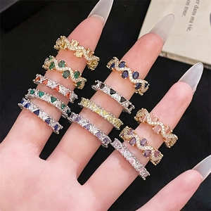 Anello Aperto Regolabile in Rame con Zirconia Colorata Placcato Oro Argento Onda Geometrica Intarsiato per Donna Gioielli da Festa