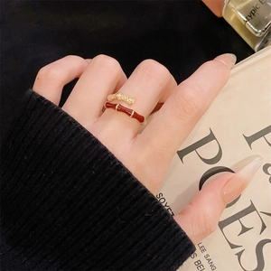 Vintage Angola red enamel bamboo open ring with zircon inlay in gold finish