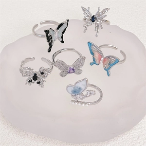 Elegant butterfly open rings set with zircon and enamel in silver finish for women