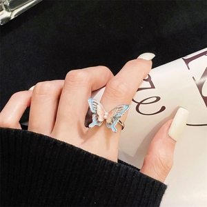 Elegant adjustable butterfly open ring with enamel wings and pearls for women
