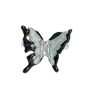 Silver butterfly open ring with green oil drip wings and sparkling zircon stone
