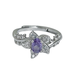 Elegante anillo de plata ajustable con forma de flor, gema púrpura y cristales brillantes