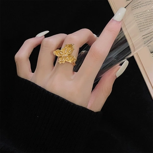 Detail van vintage gouden vlinderring met geborstelde afwerking en zirkonia accenten