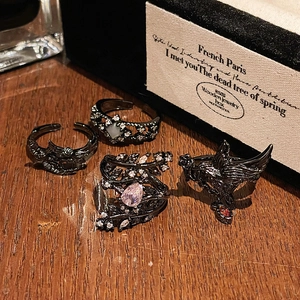Gothic Dunkel Rabe Kupfer Offener Ring Für Damen Punk Verstellbar Krähe Zirkonia Ring Vintage Schwarz Blumenranke Schmuck