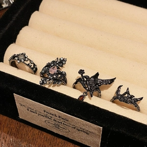 Gothic Rabe Punk Ringe mit Zirkonsteinen in Vintage Schwarz Metall, gezeigt in einer Box