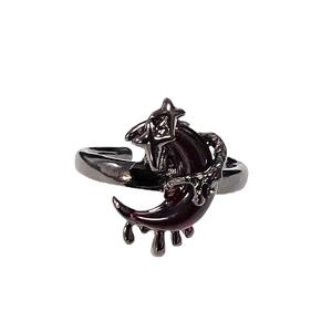 Gothic moon and star open ring with black dripping liquid design for women
