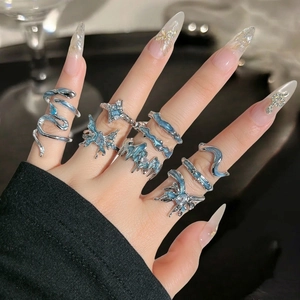Bague Ouverte en Cuivre Fluide Irrégulier Papillon Serpent Étoile Bleue Ajustable Argenté Bijoux Esthétiques Y2K pour Femmes