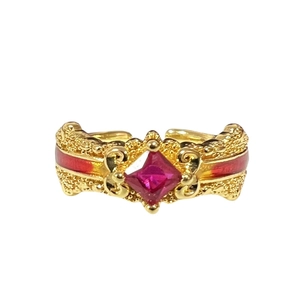 Luxuriöser goldener Emaille-Ring mit rotem Zirkon-Rautenmuster und Vintage-Dekor