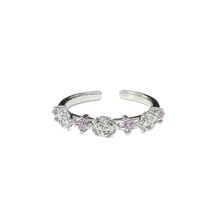 Bague ouverte élégante rose en argent avec pierres de zircon violet clair pour femme