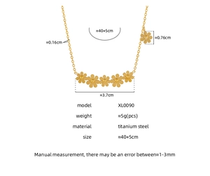 Detailed view of titanium steel daisy necklace dimensions and 18k gold plated floral cluster