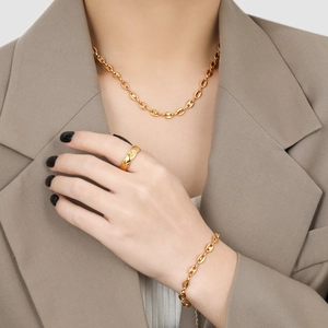 Golden coffee bean chain necklace with bracelet and quilted ring jewelry set for women