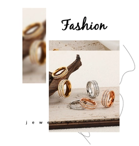 Artistic collage showing stacked gold and silver micro-pave zircon rings on stone and wood