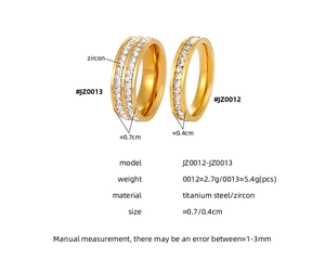 Detail view of gold titanium steel rings with cubic zirconia and exact width measurements