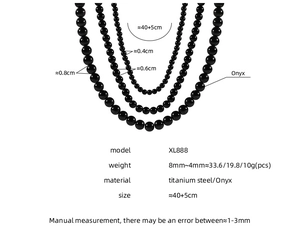 Detailed chart of black onyx bead necklaces in 4mm, 6mm, and 8mm sizes with weights