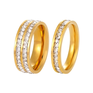 Modern gold-plated titanium steel rings featuring square-cut cubic zirconia in a channel setting