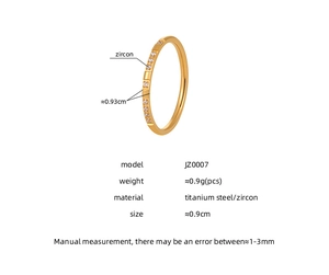 Detailed spec sheet showing a gold titanium steel ring with nine inlaid zircons