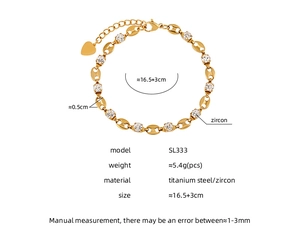 Detail view of gold-plated titanium steel bracelet with pig nose links and zircon stones