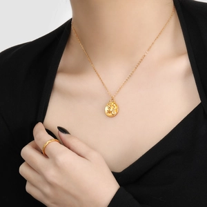 24K gold plated zodiac necklace set with embossed coin pendant and matching ring