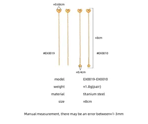 Detailed size chart for gold titanium steel heart threader earrings showing length and width