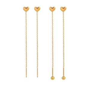 Elegant gold-plated stainless steel heart drop threader earrings on white background