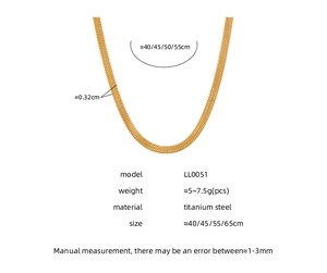 Spécifications de taille pour un collier à chaîne serpent plate en acier titane doré