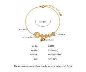 Detailed view of titanium steel anklet with copper coins and bells on white background