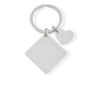 Porte-clés en Acier Inoxydable Poli Avec Pendentif Carré Et Cœur Anneau de Clé en Métal Minimaliste Pour Femmes Hommes Bijoux
